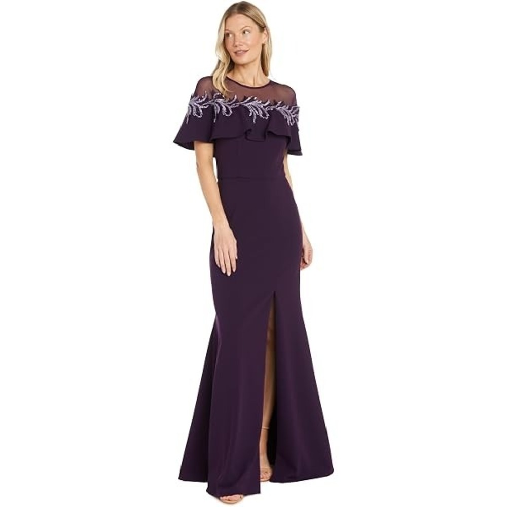 R&M Richards Plum Purple Beaded Capelet Mermaid Gown 12 Fall Wedding Guest Dress